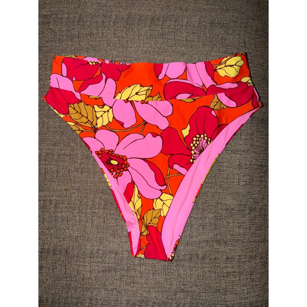 Aerie Retro Floral High Leg Bikini Bottom XL Pink Orange
